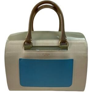 Furla Candy Clear Ivory Blue Large Rubber Satchel Bag Purse 11" X 8.5"
